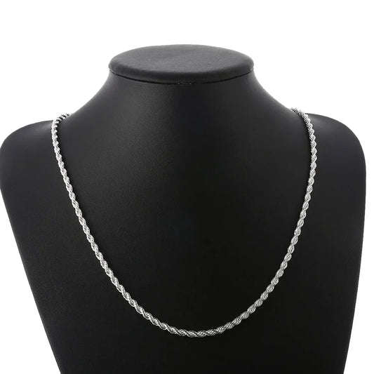 Cadena de cuerda trenzada de 2 mm para hombre y mujer, de alta calidad, color plata, conjunto de joyería de plata de moda.