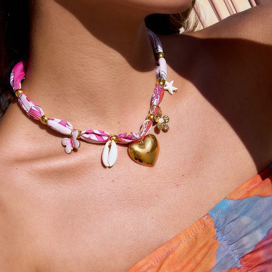 Collar Zora Holiday Style con múltiples dijes, bufanda de acero inoxidable chapado en oro de 18 quilates con corazón y sol, joyería para mujer