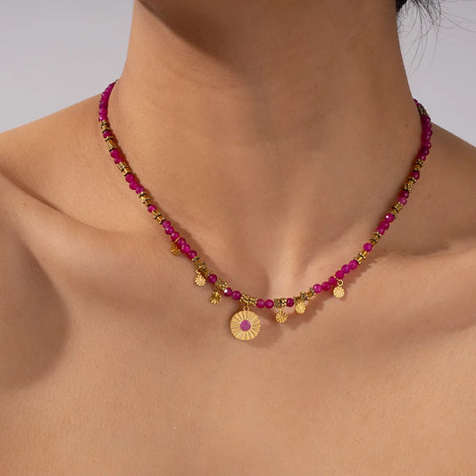 Collar Keen on de acero inoxidable con colgante de cuentas de piedra natural, ideal para fiestas en la playa de mujer, estilo europeo americano.