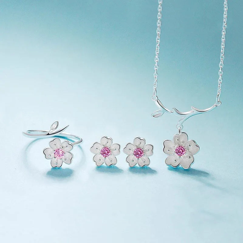 Conjunto de joyas de plata de ley 925 con románticos collar, pendientes, anillo y pulsera de flores de cerezo para mujer.