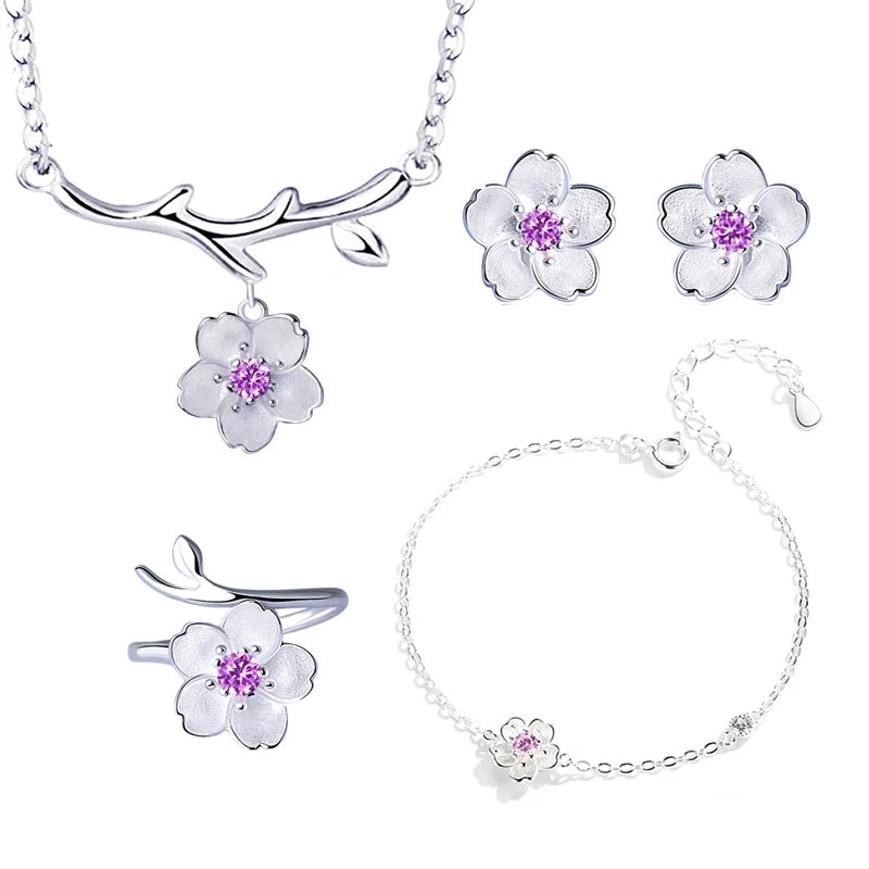 Conjunto de joyas de plata de ley 925 con románticos collar, pendientes, anillo y pulsera de flores de cerezo para mujer.