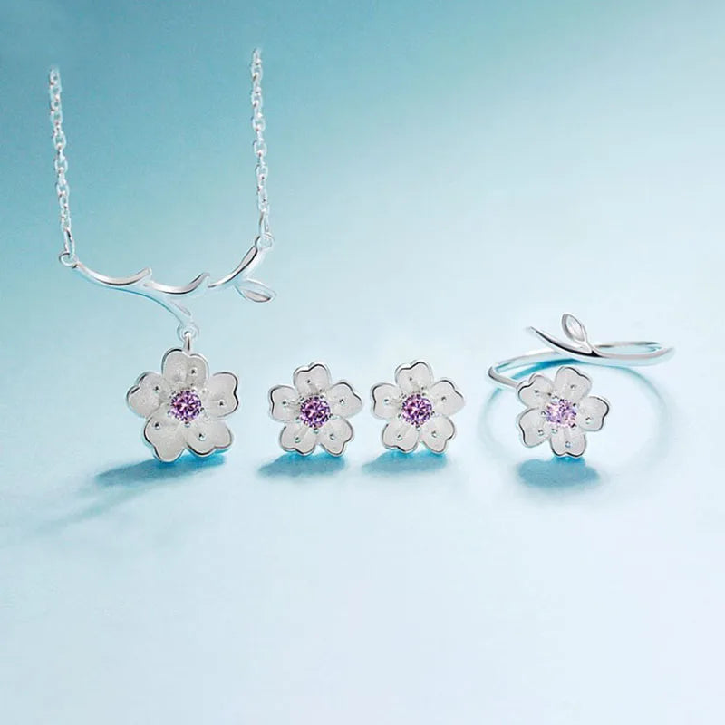 Conjunto de joyas de plata de ley 925 con románticos collar, pendientes, anillo y pulsera de flores de cerezo para mujer.