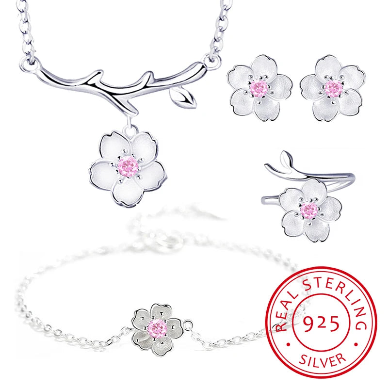 Conjunto de joyas de plata de ley 925 con románticos collar, pendientes, anillo y pulsera de flores de cerezo para mujer.