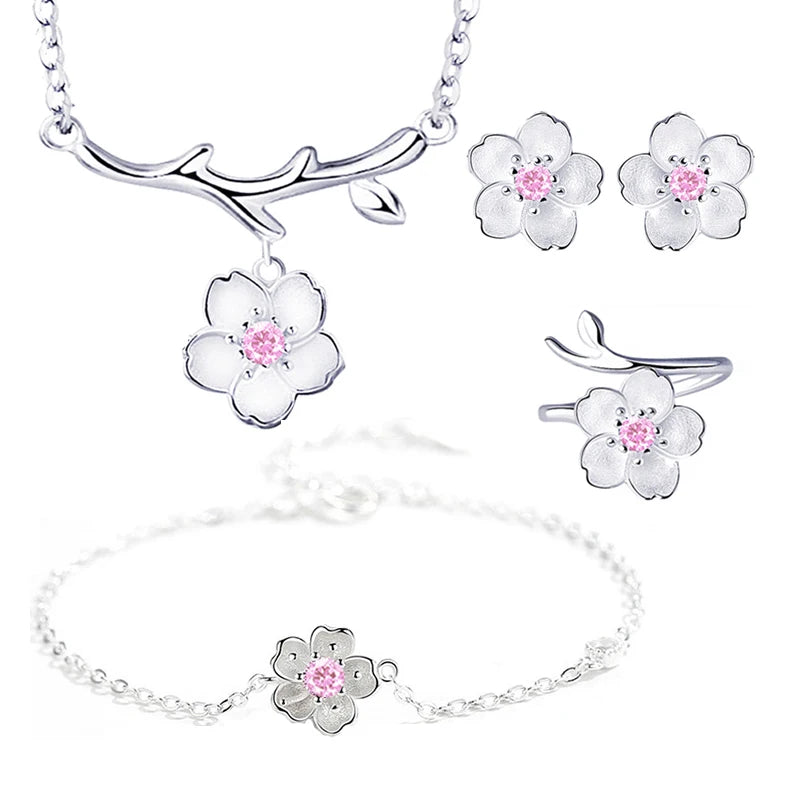 Conjunto de joyas de plata de ley 925 con románticos collar, pendientes, anillo y pulsera de flores de cerezo para mujer.