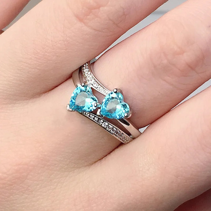 Nuevos y elegantes anillos para mujer, chapados en plata, con doble corazón de circonitas cúbicas, anillo de bodas para mujeres y niñas, bonito regalo de cumpleaños.