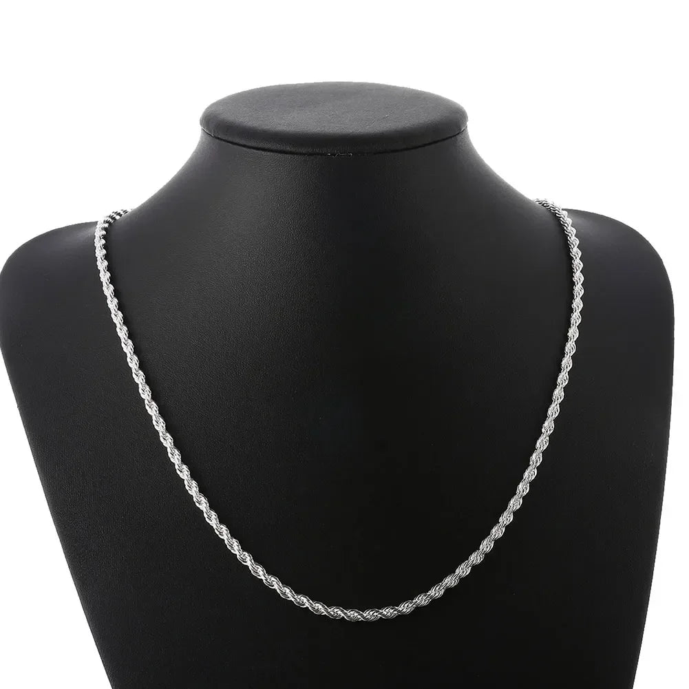 Cadena de cuerda trenzada de 2 mm para hombre y mujer, de alta calidad, color plata, conjunto de joyería de plata de moda.