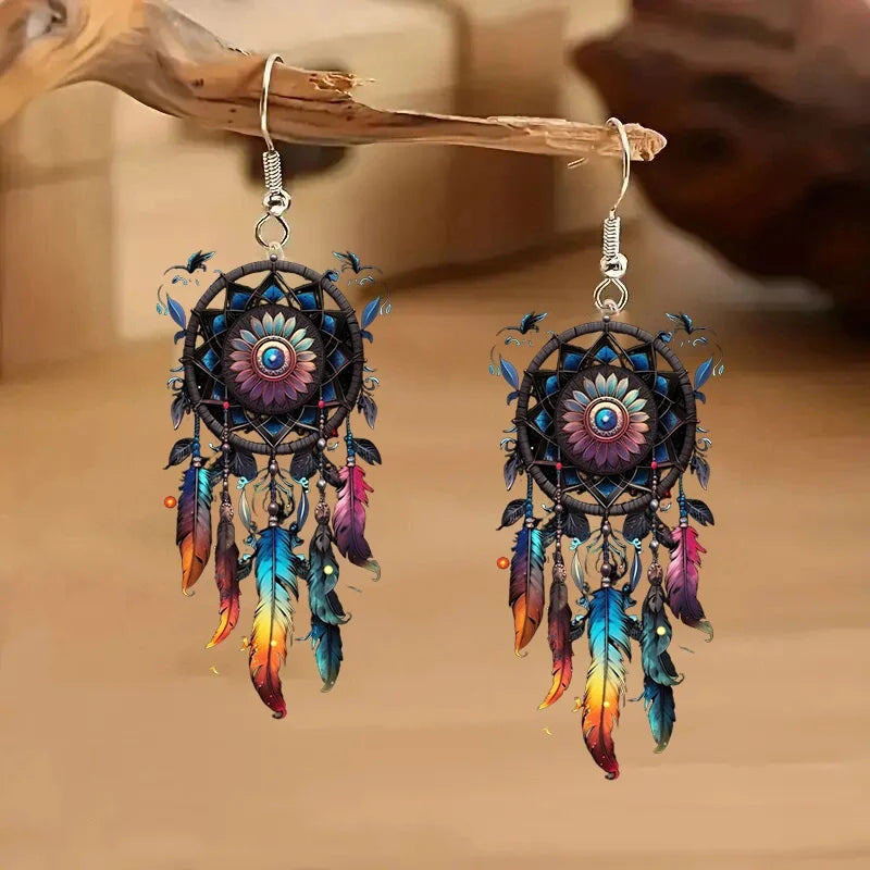 Pendientes colgantes de atrapasueños coloridos de acrílico 2D, pendientes de moda mujer