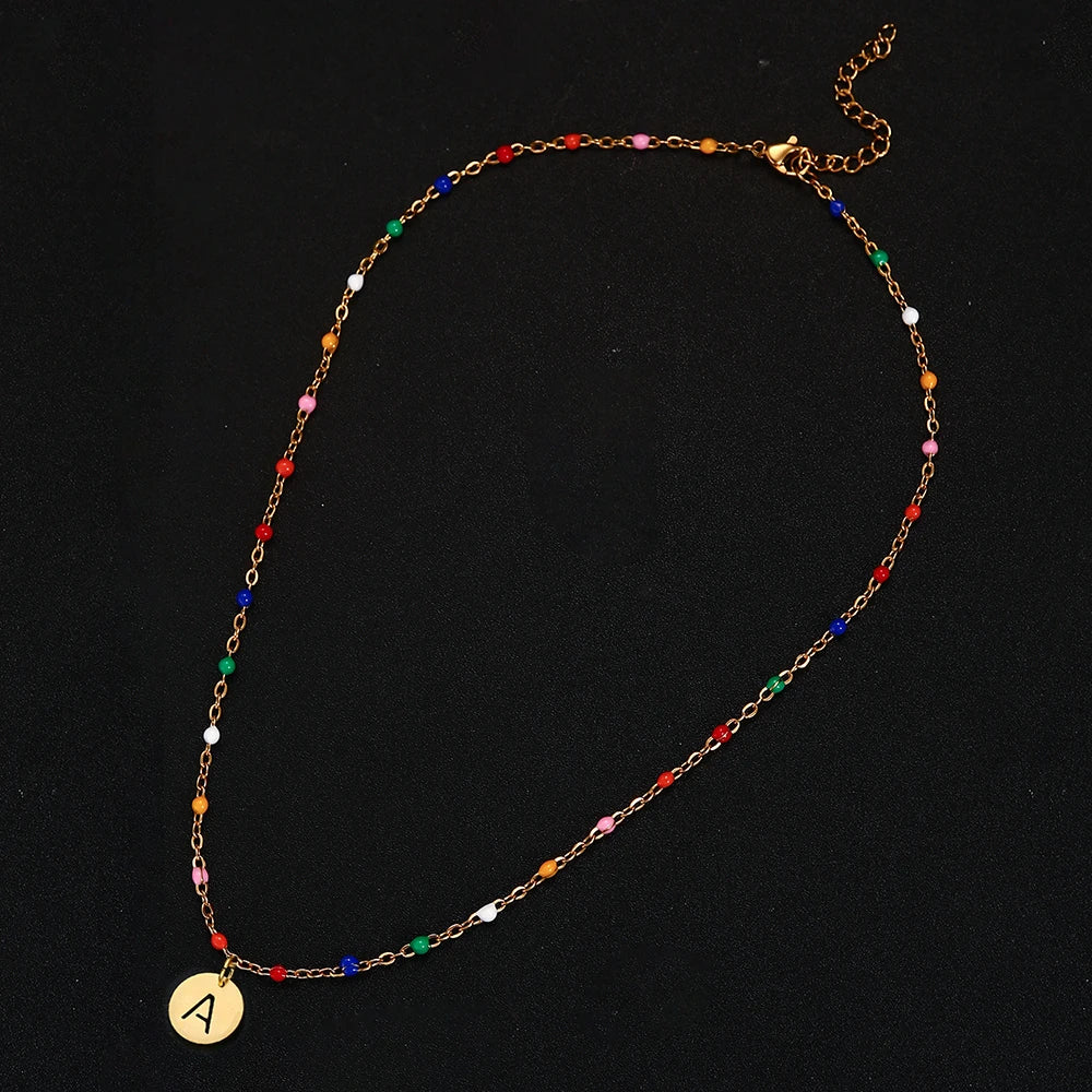 Gargantilla MinaMaMa de acero inoxidable bohemio con cuentas hechas a mano y letra inicial para mujer, colgante con alfabeto y nombre, joyería