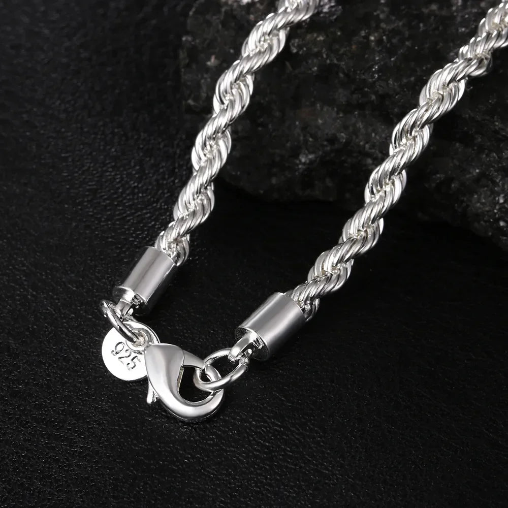 Cadena de cuerda trenzada de 2 mm para hombre y mujer, de alta calidad, color plata, conjunto de joyería de plata de moda.