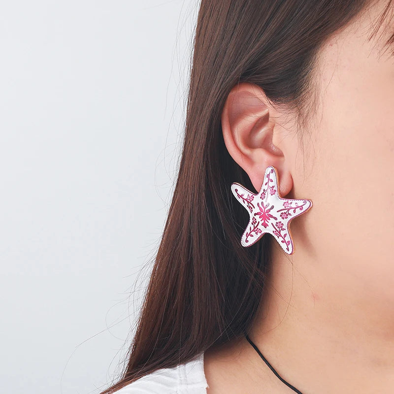 Pendientes de estrella de mar con flores pintadas a la moda para mujer, pendientes creativos y únicos de estilo vacacional, joyería femenina para fiesta en la playa, regalo
