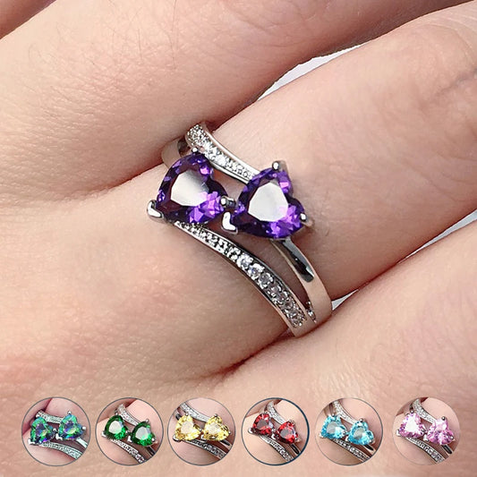 Nuevos y elegantes anillos para mujer, chapados en plata, con doble corazón de circonitas cúbicas, anillo de bodas para mujeres y niñas, bonito regalo de cumpleaños.