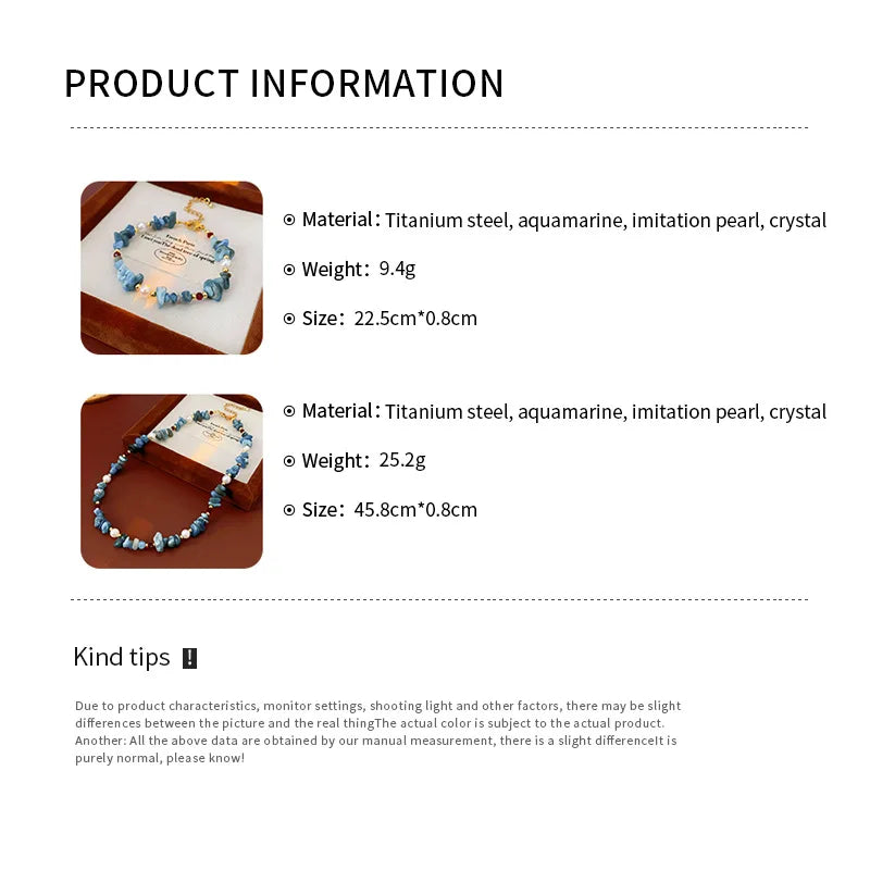 Conjunto de joyas de collar de perlas de cristal de aguamarina de acero de titanio, pulsera de moda de estilo vacacional, conjunto de lujo ligero y de alta gama.