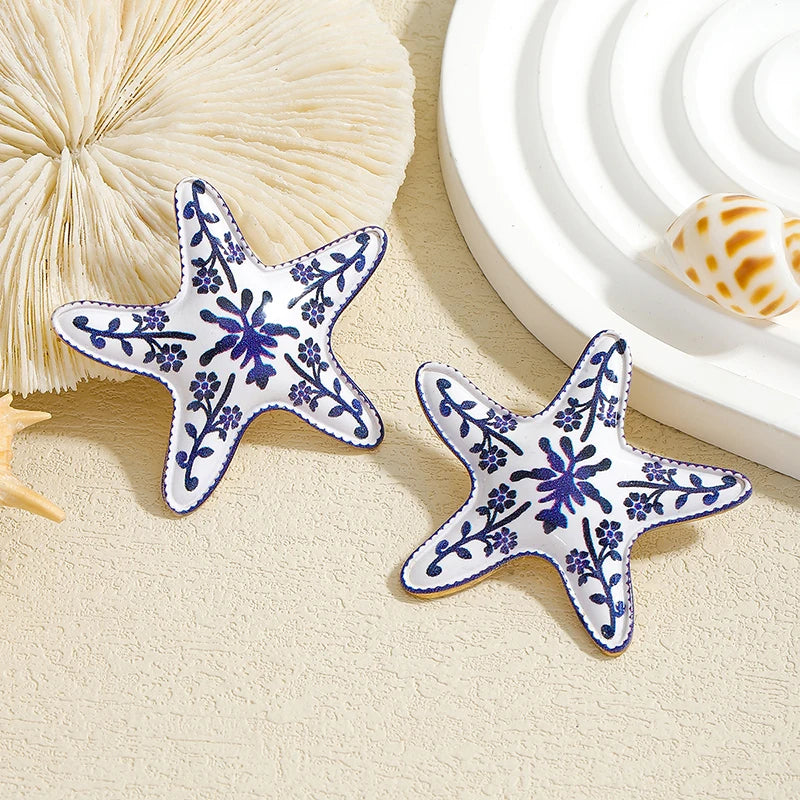 Pendientes de estrella de mar con flores pintadas a la moda para mujer, pendientes creativos y únicos de estilo vacacional, joyería femenina para fiesta en la playa, regalo
