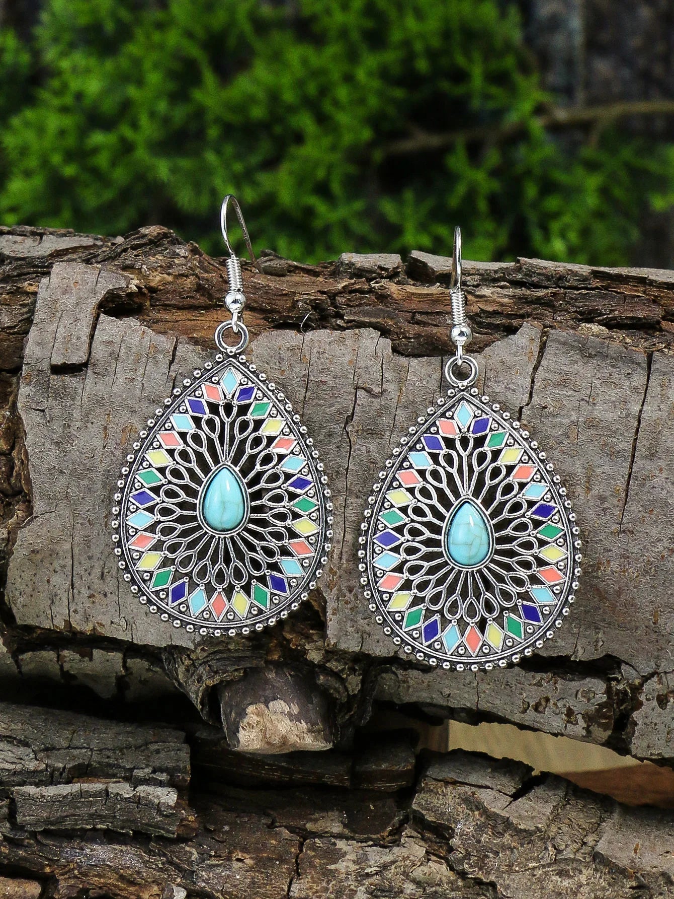 Pendientes étnicos Feng Shui con forma de gota hueca de colores esmaltados para mujer, conjunto de collar corto bohemio para vacaciones.