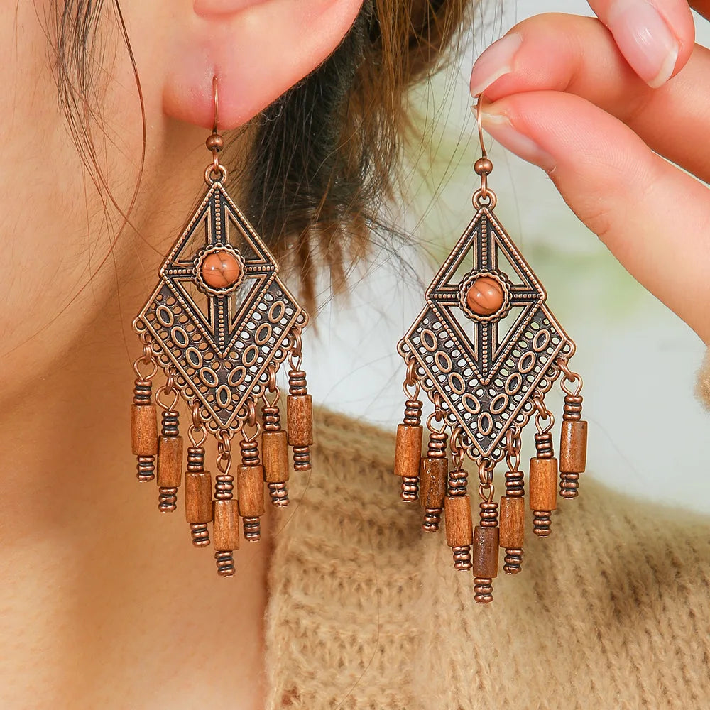 Pendientes étnicos vintage únicos marrones para mujer, estilo bohemio, inusuales, geométricos, con borlas y gotas de agua, joyería femenina.