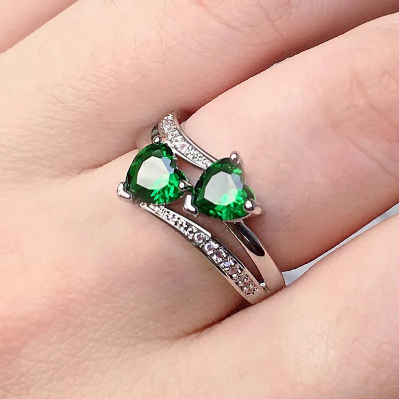 Nuevos y elegantes anillos para mujer, chapados en plata, con doble corazón de circonitas cúbicas, anillo de bodas para mujeres y niñas, bonito regalo de cumpleaños.