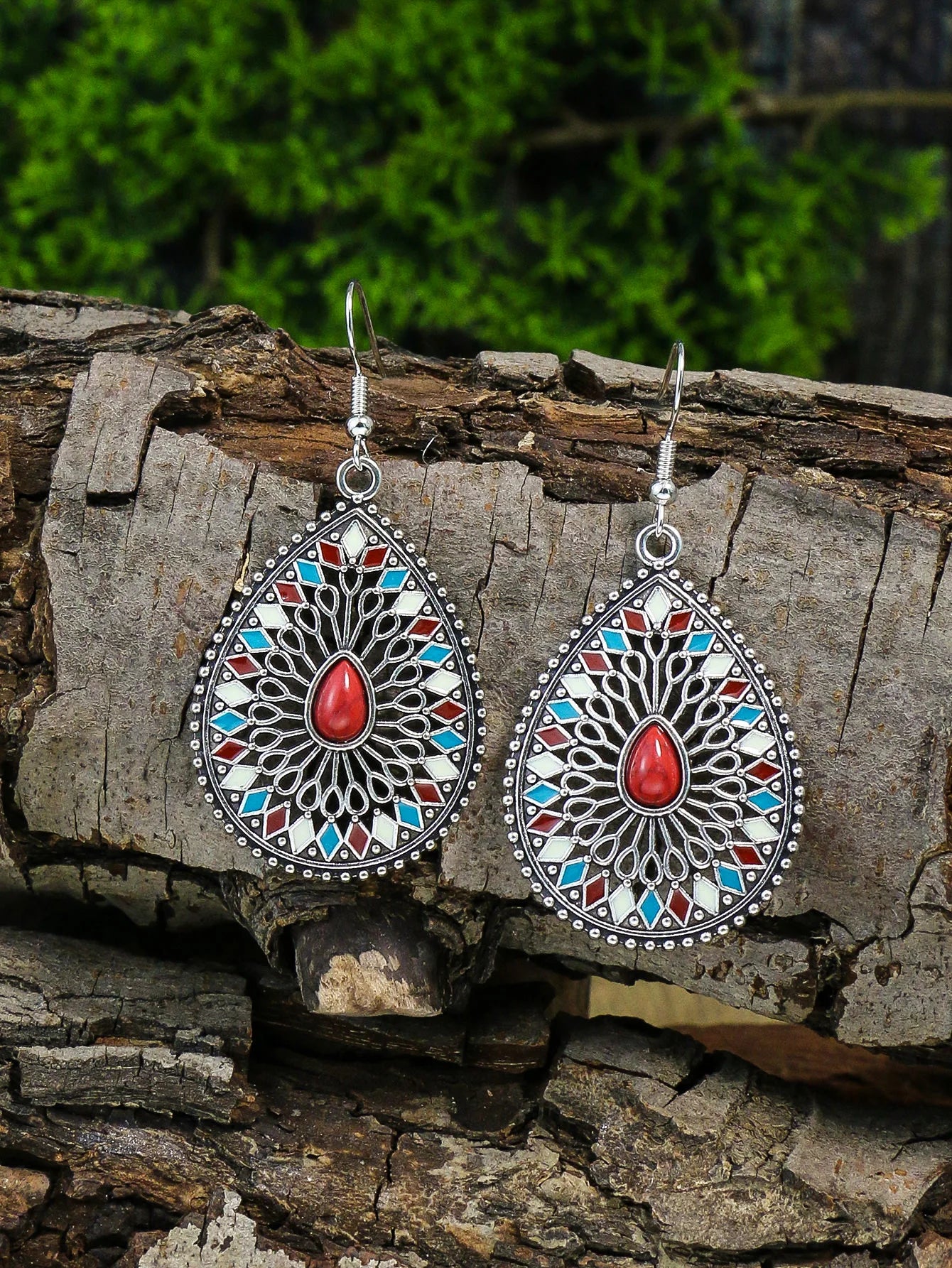 Pendientes étnicos Feng Shui con forma de gota hueca de colores esmaltados para mujer, conjunto de collar corto bohemio para vacaciones.