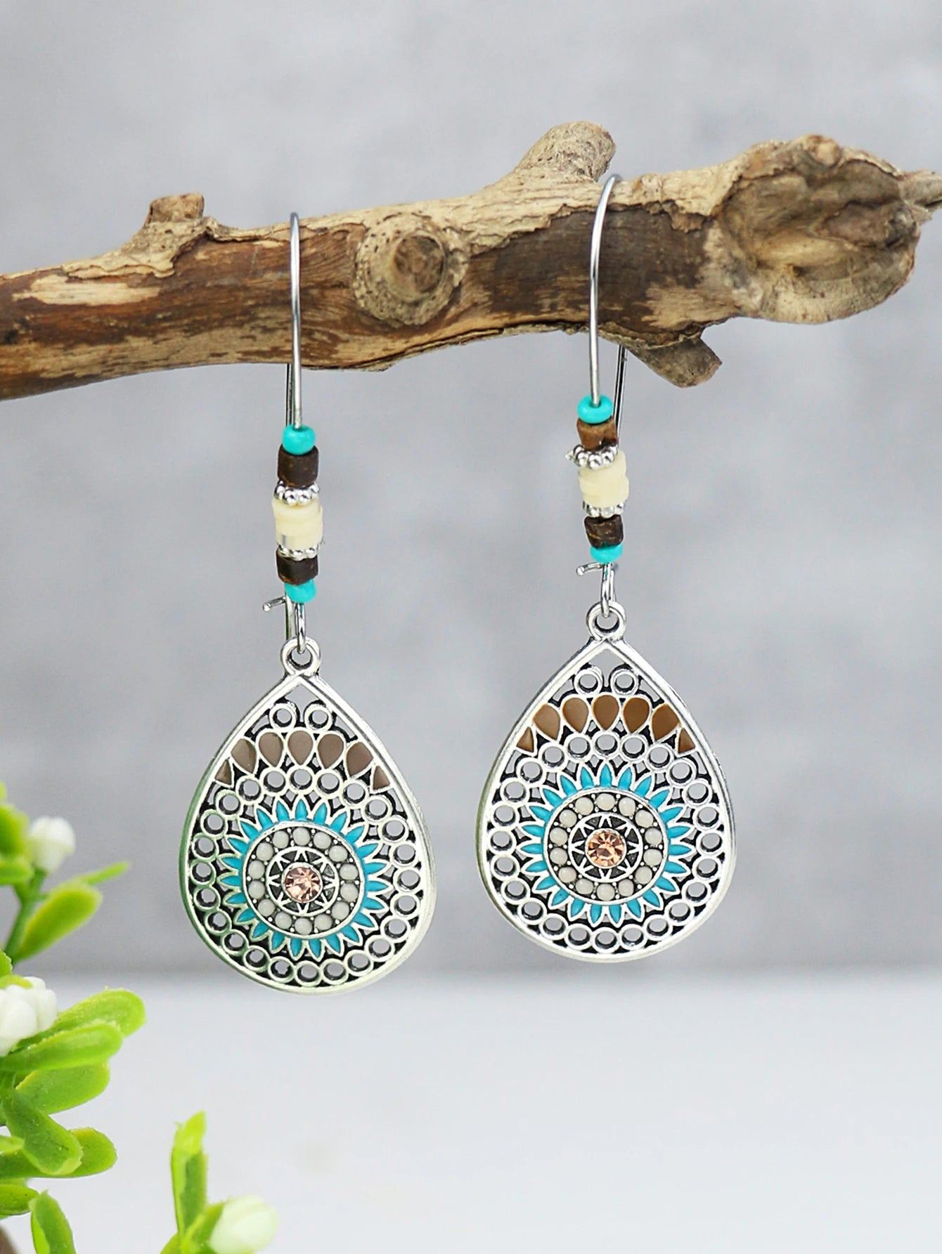 Pendientes étnicos Feng Shui con forma de gota hueca de colores esmaltados para mujer, conjunto de collar corto bohemio para vacaciones.