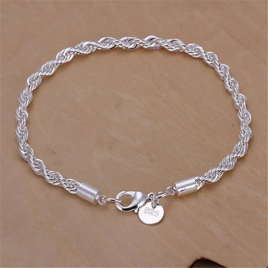 Cadena de cuerda trenzada de 2 mm para hombre y mujer, de alta calidad, color plata, conjunto de joyería de plata de moda.