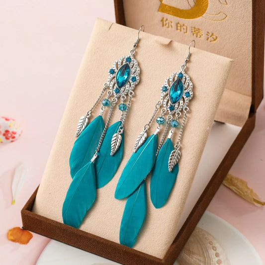 Pendientes vintage de plata con forma de hoja y plumas de cristal para mujer, aretes largos con personalidad y temperamento, joyería étnica femenina, regalo