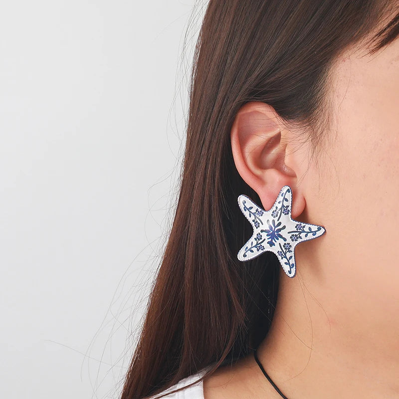 Pendientes de estrella de mar con flores pintadas a la moda para mujer, pendientes creativos y únicos de estilo vacacional, joyería femenina para fiesta en la playa, regalo