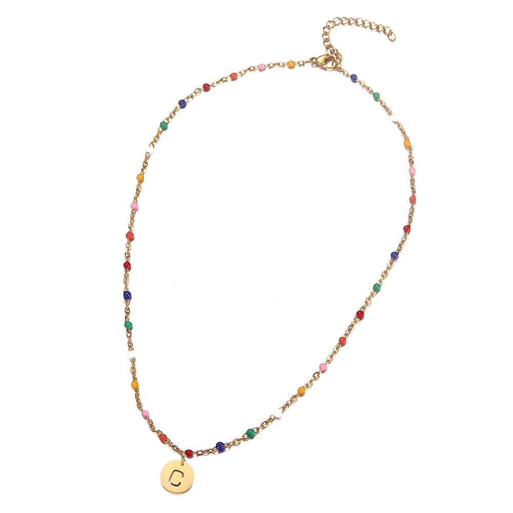Gargantilla MinaMaMa de acero inoxidable bohemio con cuentas hechas a mano y letra inicial para mujer, colgante con alfabeto y nombre, joyería