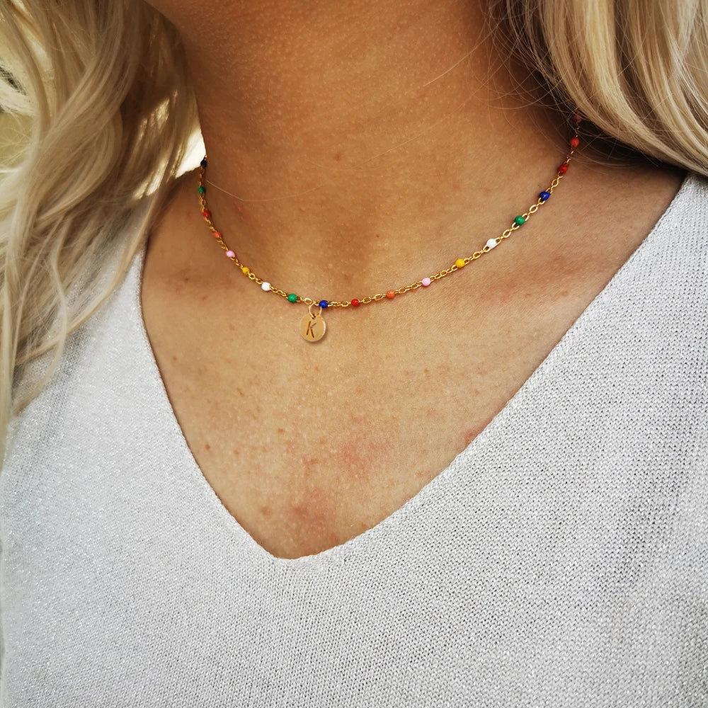 Gargantilla MinaMaMa de acero inoxidable bohemio con cuentas hechas a mano y letra inicial para mujer, colgante con alfabeto y nombre, joyería
