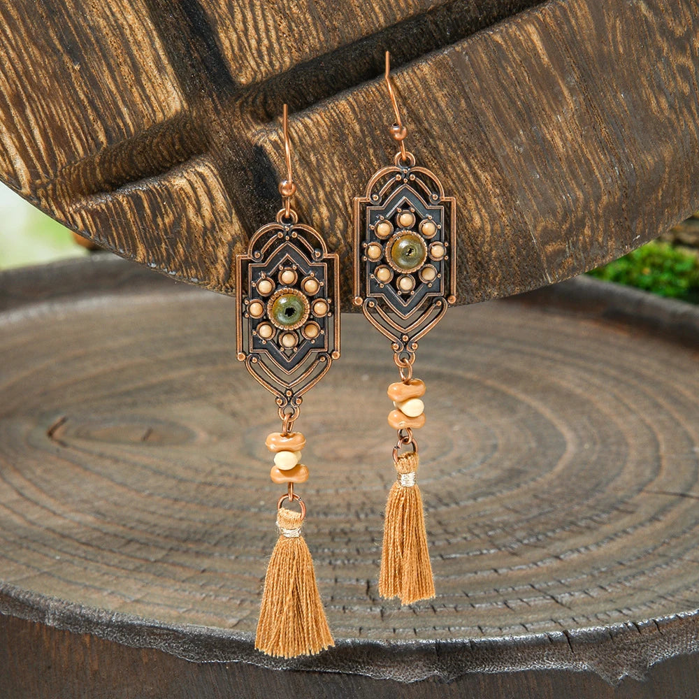 Pendientes étnicos vintage únicos marrones para mujer, estilo bohemio, inusuales, geométricos, con borlas y gotas de agua, joyería femenina.