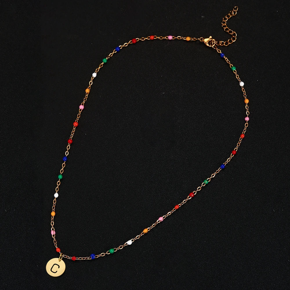 Gargantilla MinaMaMa de acero inoxidable bohemio con cuentas hechas a mano y letra inicial para mujer, colgante con alfabeto y nombre, joyería