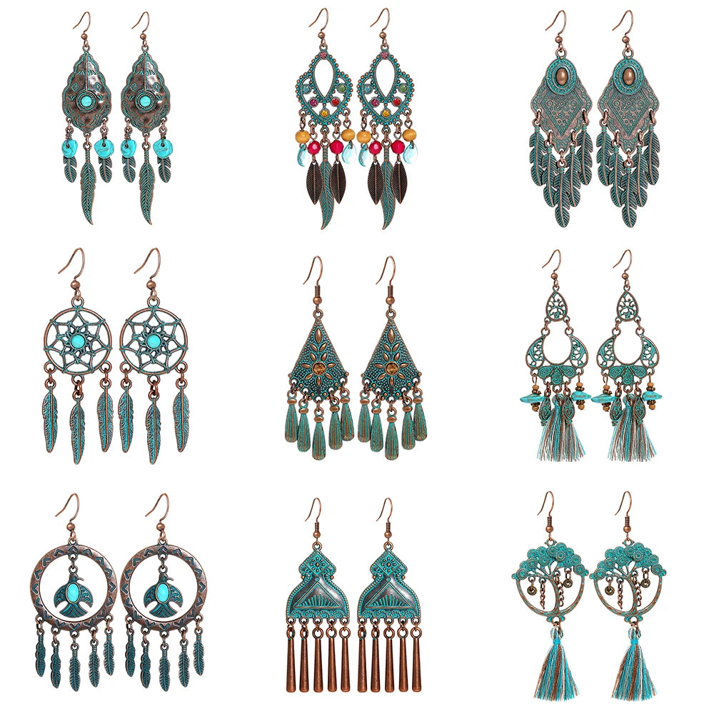 Pendientes de borlas de metal étnicos vintage de 16 estilos para mujer, con textura inusual y personalidad, joyería femenina para vacaciones y uso diario.