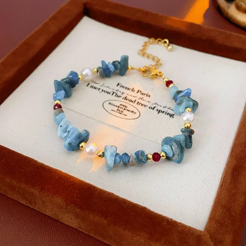 Conjunto de joyas de collar de perlas de cristal de aguamarina de acero de titanio, pulsera de moda de estilo vacacional, conjunto de lujo ligero y de alta gama.