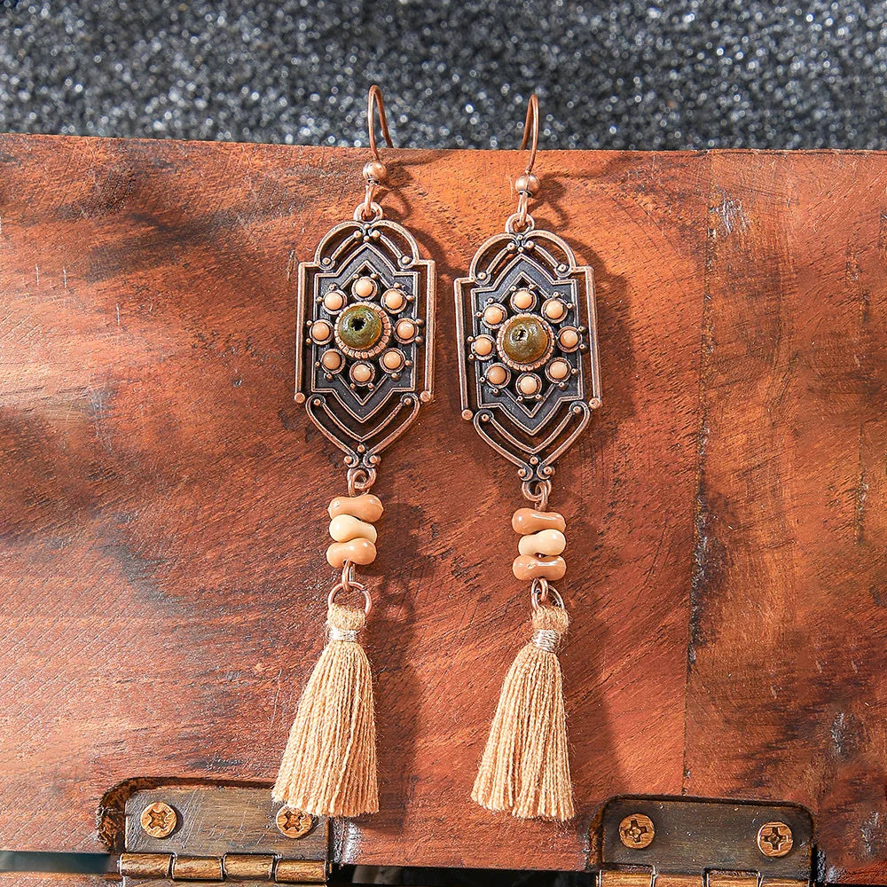 Pendientes étnicos vintage únicos marrones para mujer, estilo bohemio, inusuales, geométricos, con borlas y gotas de agua, joyería femenina.
