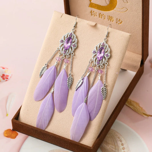 Pendientes vintage de plata con forma de hoja y plumas de cristal para mujer, aretes largos con personalidad y temperamento, joyería étnica femenina, regalo