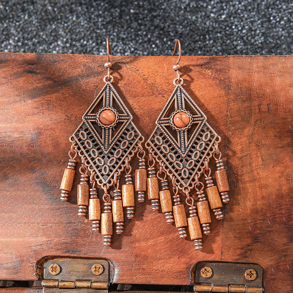Pendientes étnicos vintage únicos marrones para mujer, estilo bohemio, inusuales, geométricos, con borlas y gotas de agua, joyería femenina.