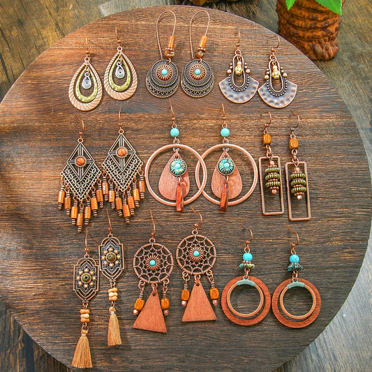 Pendientes étnicos vintage únicos marrones para mujer, estilo bohemio, inusuales, geométricos, con borlas y gotas de agua, joyería femenina.