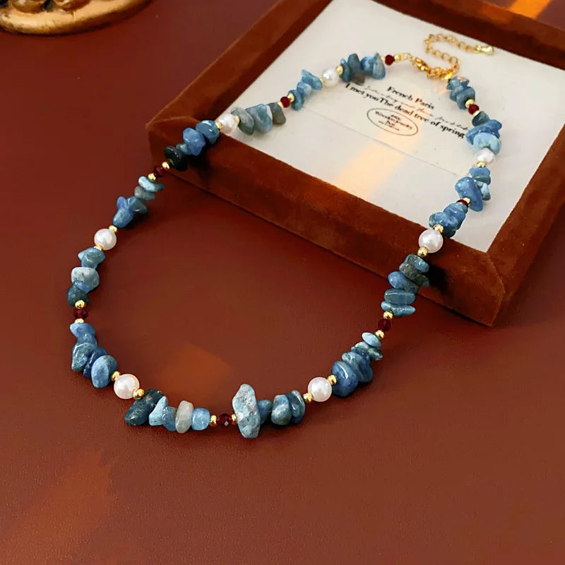 Conjunto de joyas de collar de perlas de cristal de aguamarina de acero de titanio, pulsera de moda de estilo vacacional, conjunto de lujo ligero y de alta gama.