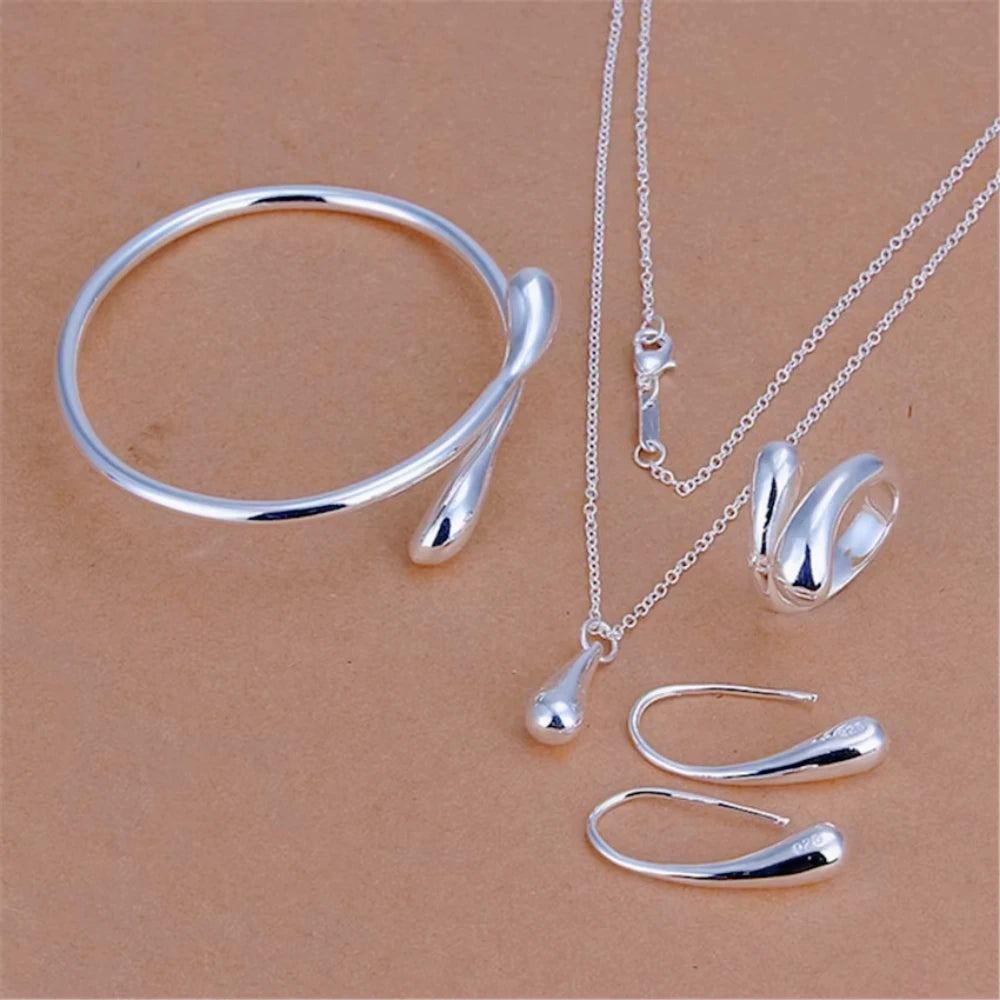 Dijes de plata esterlina con forma de gota de agua, colgante, brazalete, collar, pendiente, anillo para mujer, conjunto de joyería de fiesta de moda
