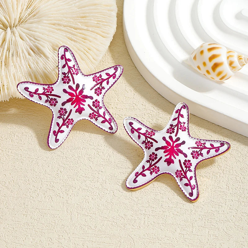 Pendientes de estrella de mar con flores pintadas a la moda para mujer, pendientes creativos y únicos de estilo vacacional, joyería femenina para fiesta en la playa, regalo