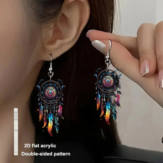Pendientes colgantes de atrapasueños coloridos de acrílico 2D, pendientes de moda mujer