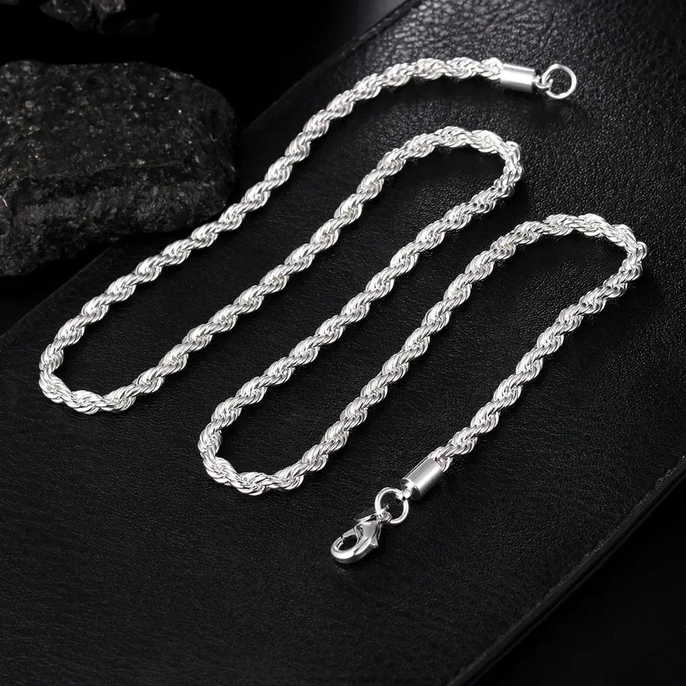 Cadena de cuerda trenzada de 2 mm para hombre y mujer, de alta calidad, color plata, conjunto de joyería de plata de moda.